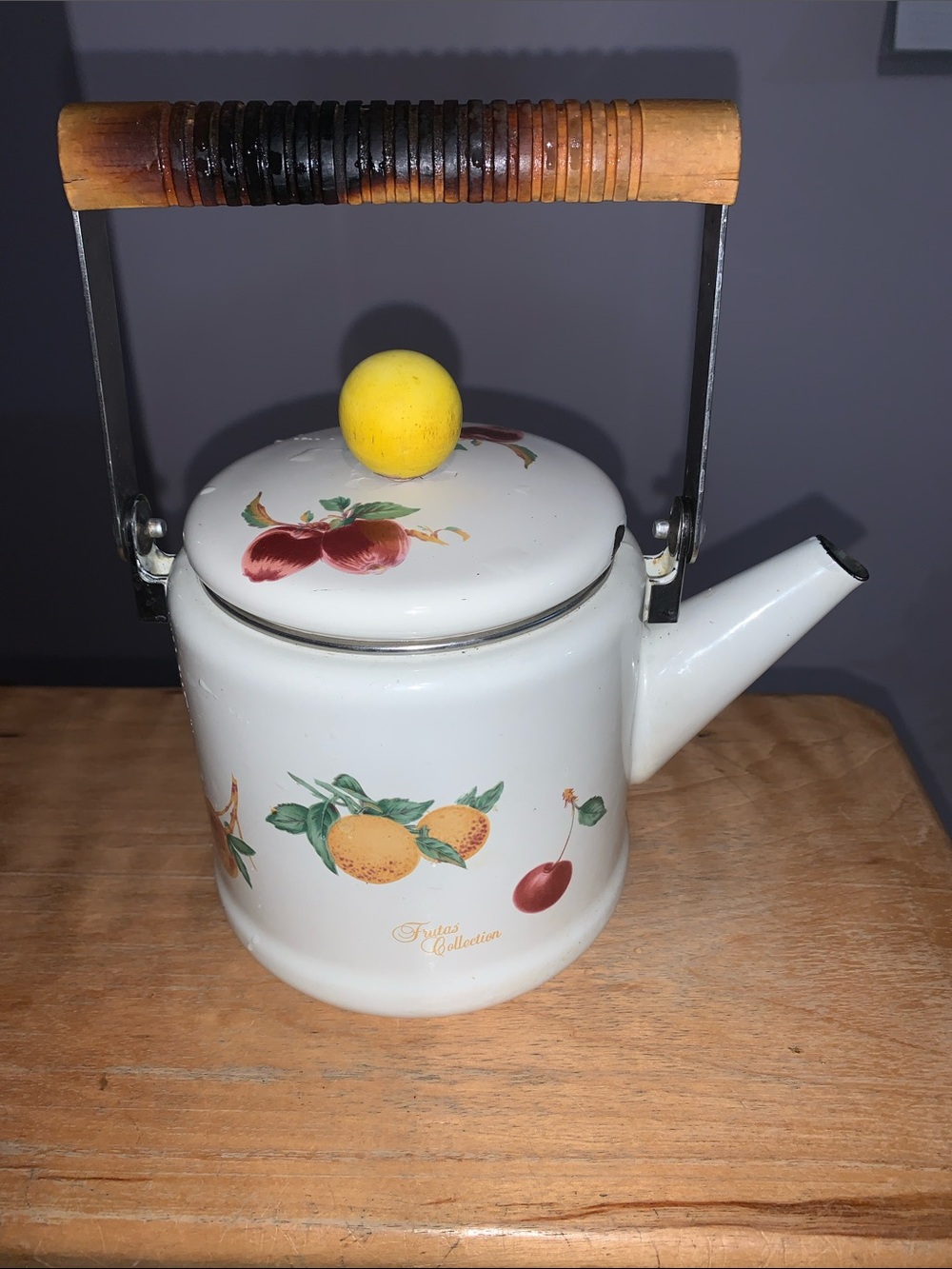 Fruit Collection White Enamel Teapot with Yellow Knob